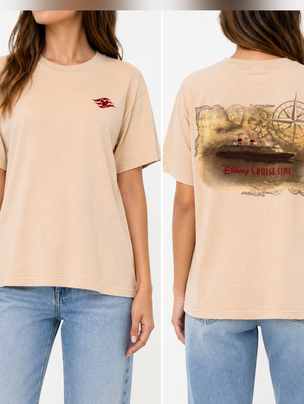 Disney Cruise Line Graphic T-Shirt Beige Vintage Style Short Sleeve Tee